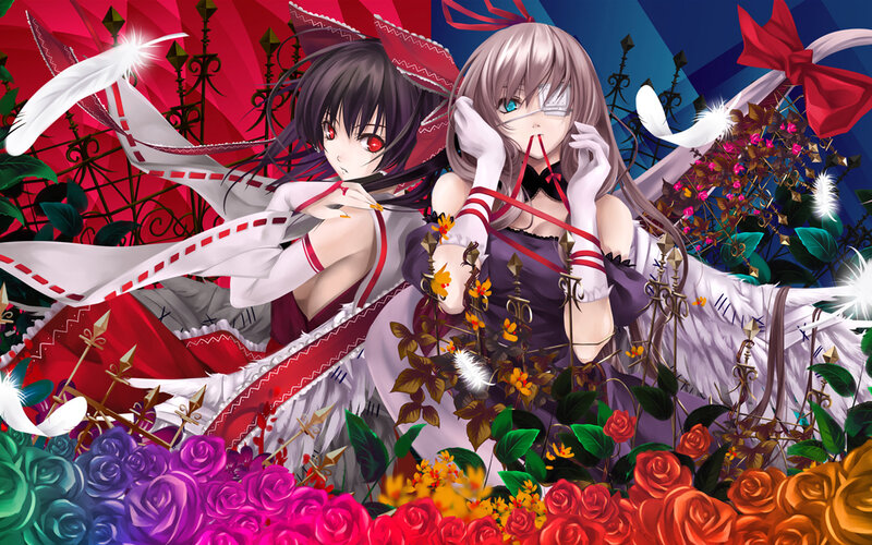 Two anime girls with feathers and flowers
