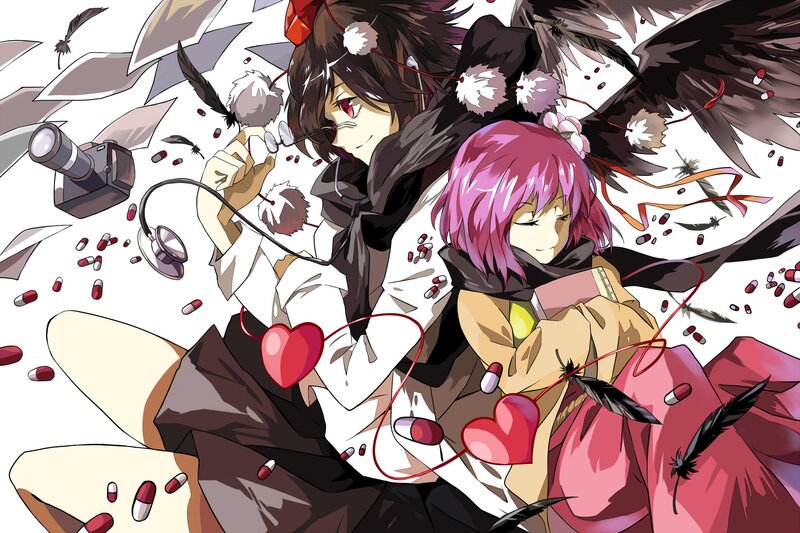 Two anime girls with feathers and pills