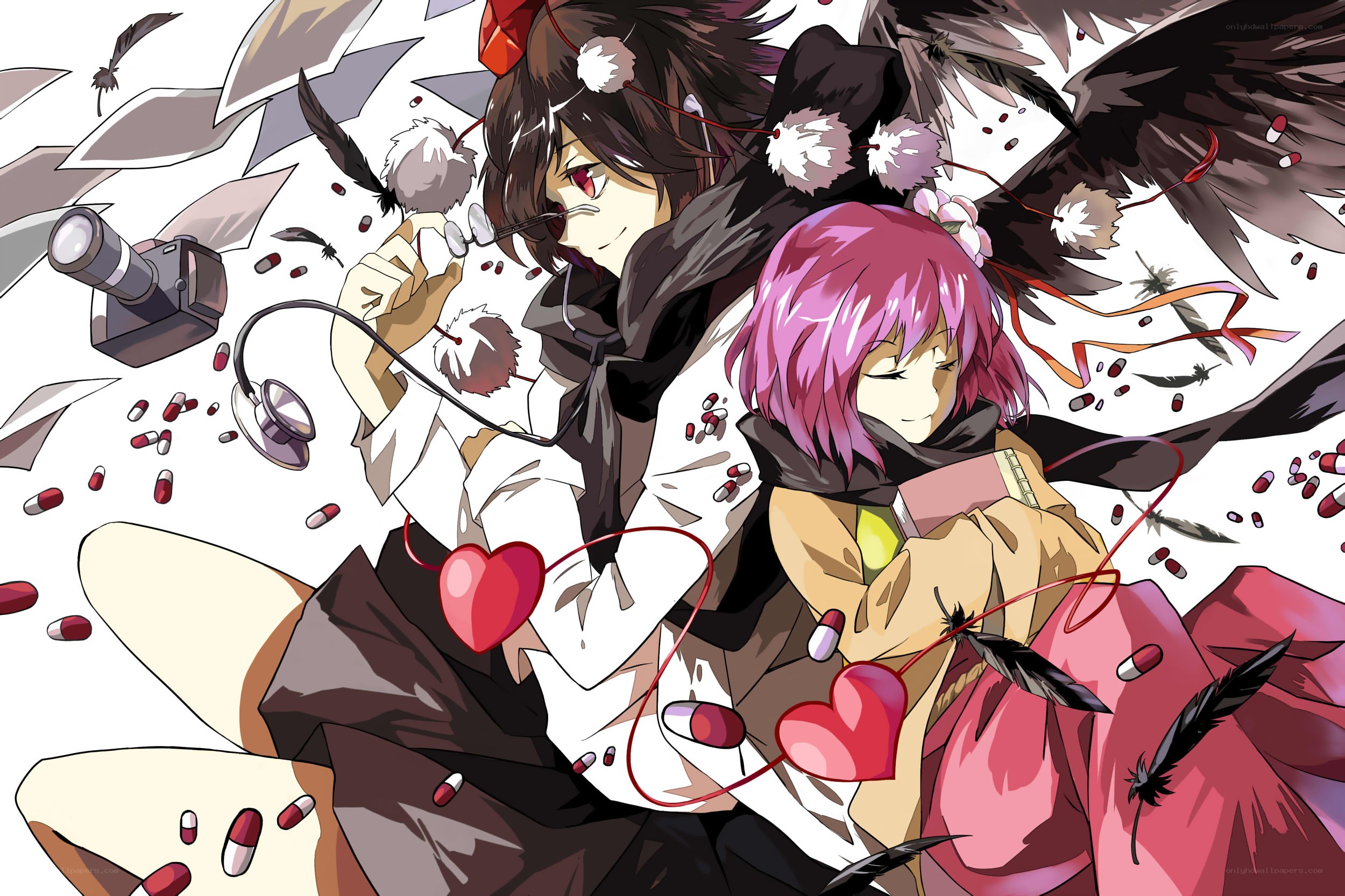 Two anime girls with feathers and pills