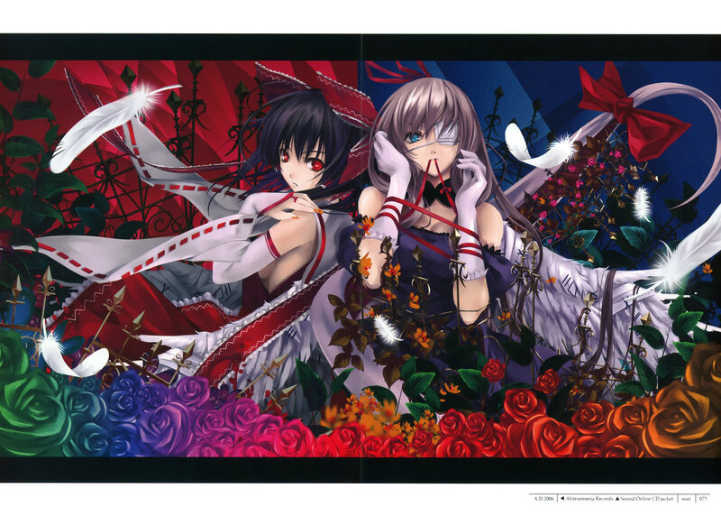 Two anime girls with feathers and roses