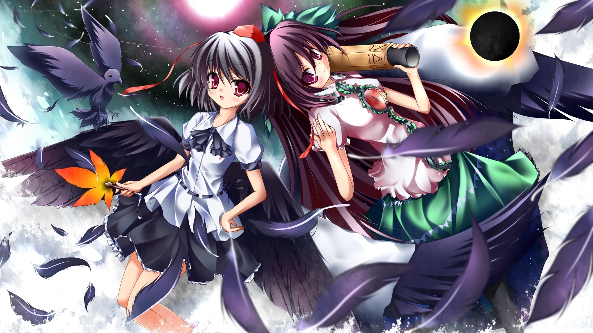 two anime girls with feathers