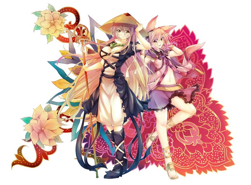 Two anime girls with floral designs