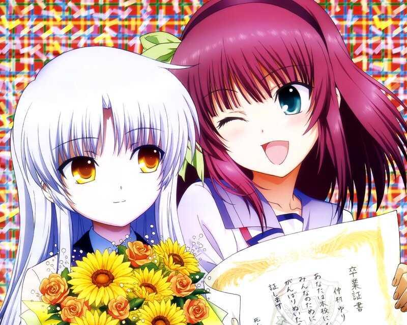 Two anime girls with flowers and diploma