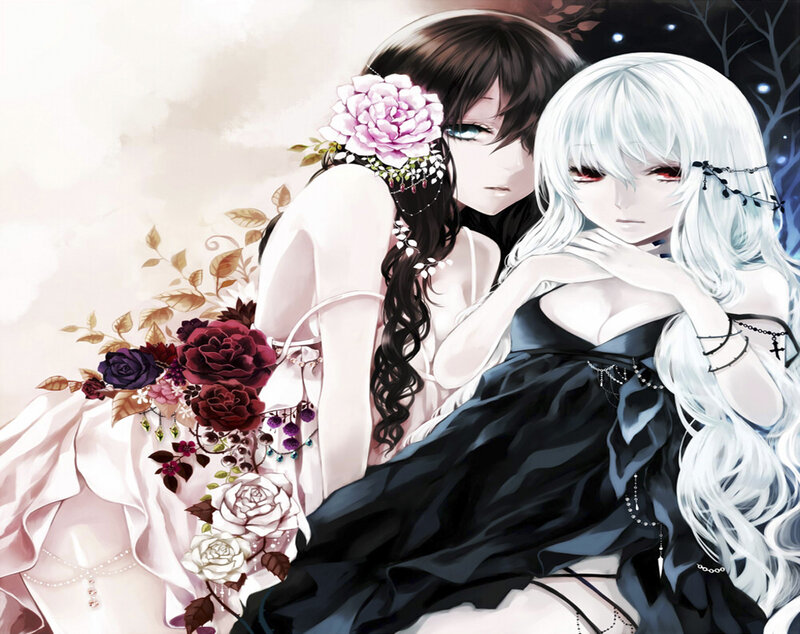 Two Anime Girls with Flowers — Black