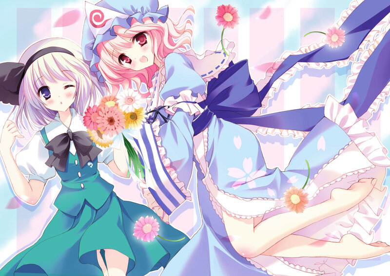 Two Anime Girls with Flowers — Blue, Cheerful
