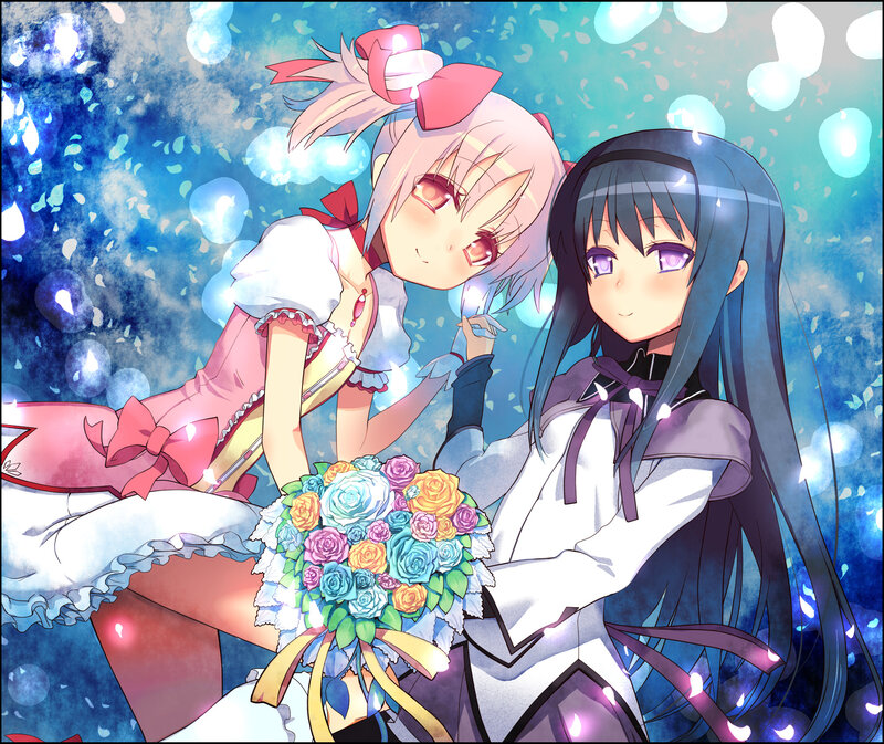 Two Anime Girls with Flowers — Blue, Dreamy