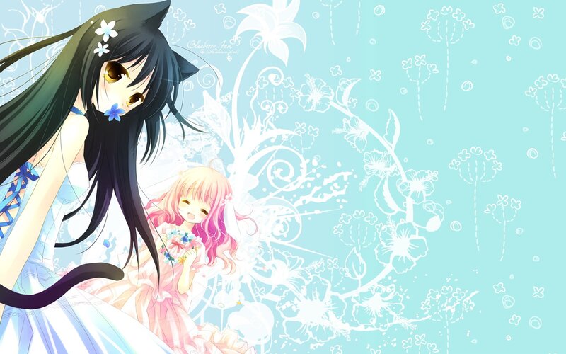Two Anime Girls with Flowers — Blue