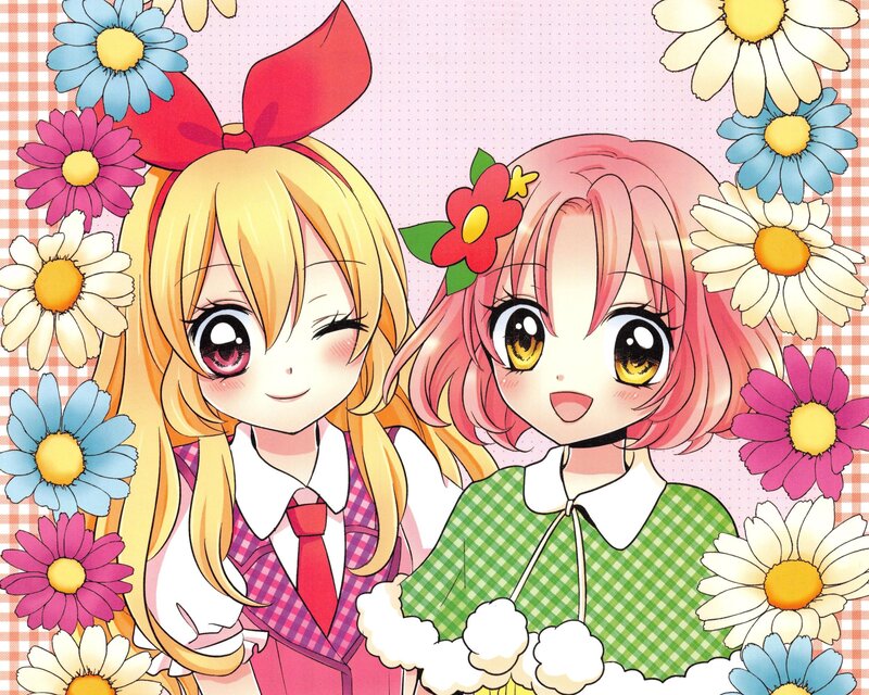 Two Anime Girls with Flowers — Pink, Cheerful, Spring, Manga
