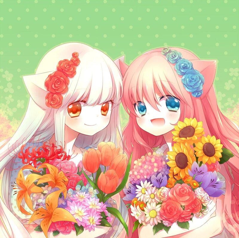 Two Anime Girls with Flowers — Pink, Cheerful, Spring