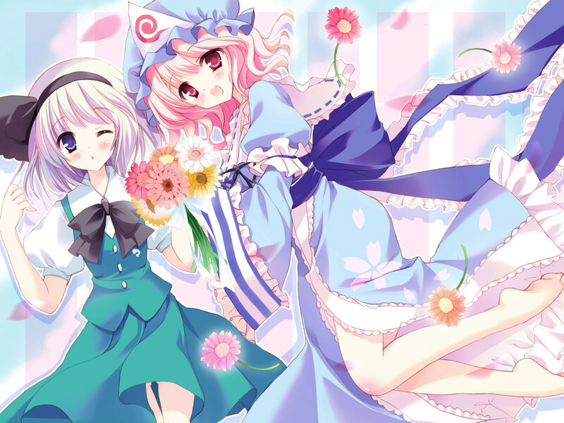 Two Anime Girls with Flowers — Pink, Cheerful