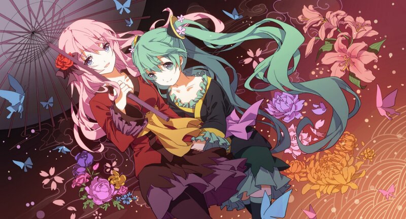 Two Anime Girls with Flowers — Pink, Dreamy, Night