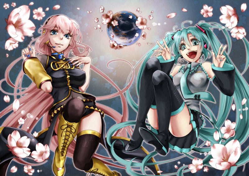 Two Anime Girls with Flowers — Pink, Playful, Cheerful, Spring