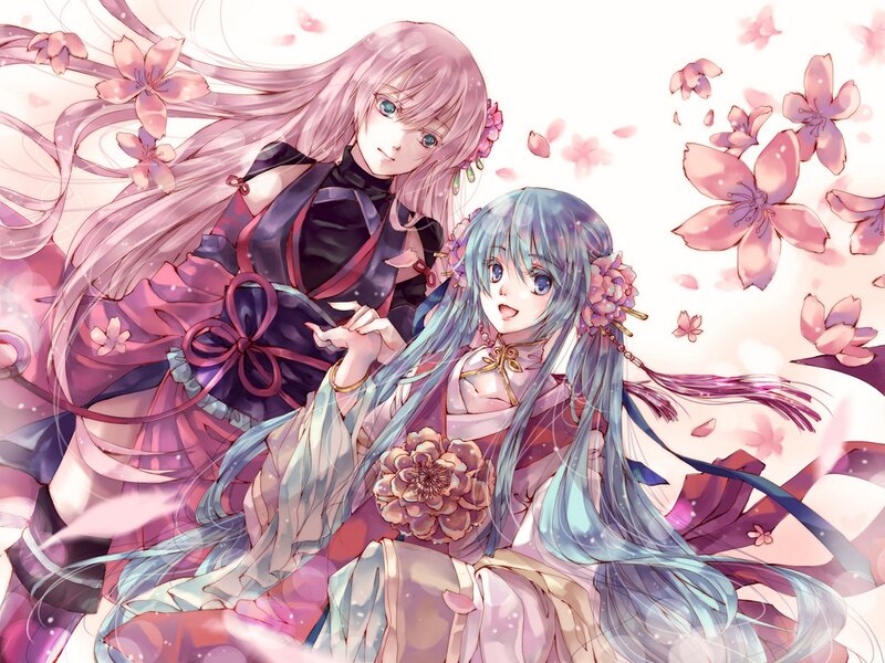 Two Anime Girls with Flowers — Pink, Serene
