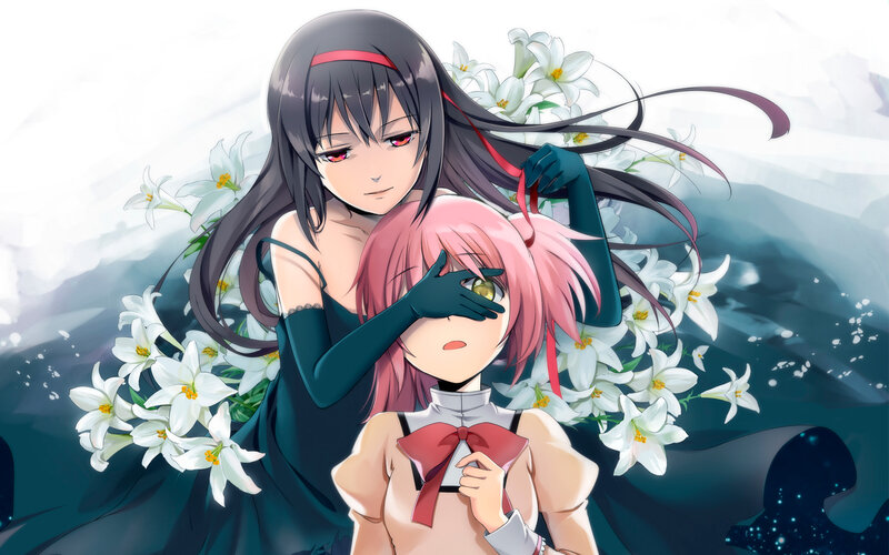 Two Anime Girls with Flowers — White