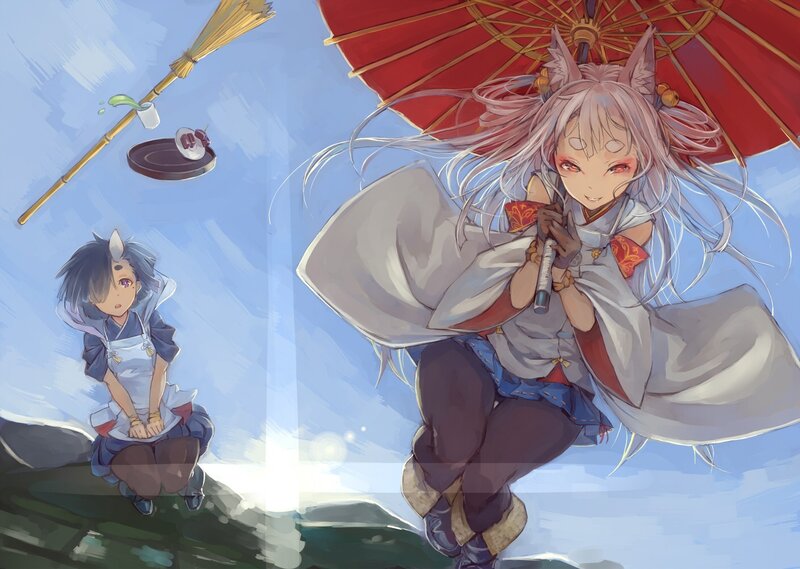 Two Anime Girls with Fox Ears — Blue, Playful