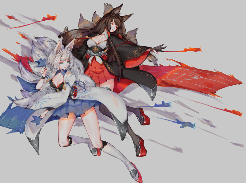 Two Anime Girls with Fox Ears — White, Dynamic
