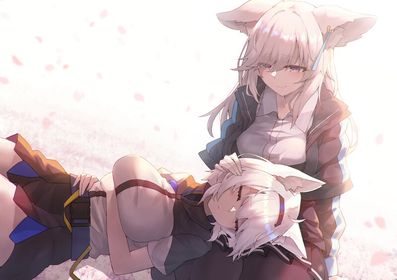 Two Anime Girls with Fox Ears — White, Serene
