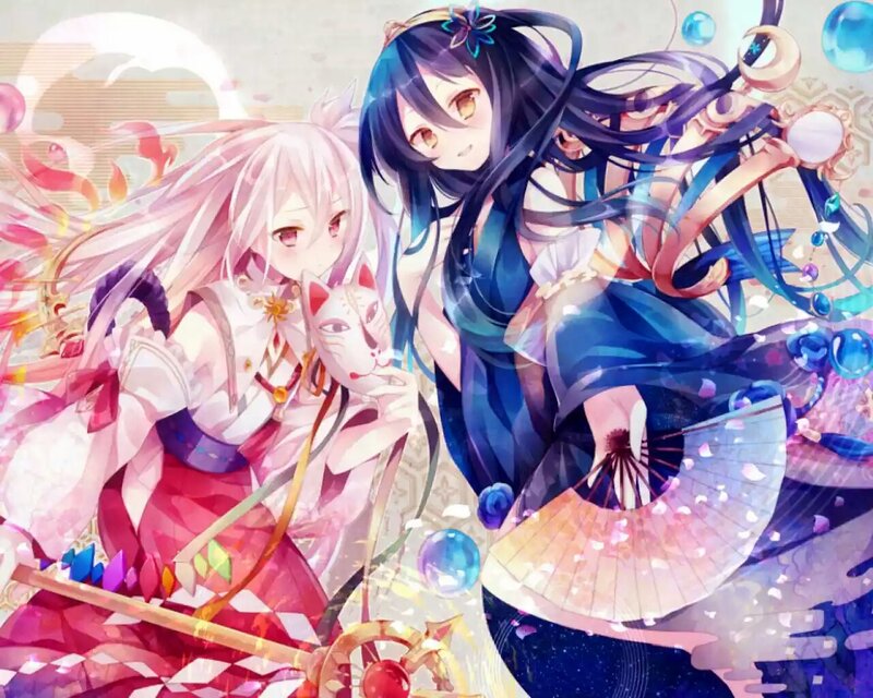 Two Anime Girls with Fox Mask — Pink