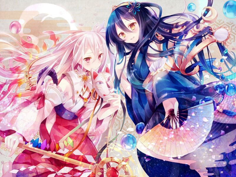Two Anime Girls with Fox Mask