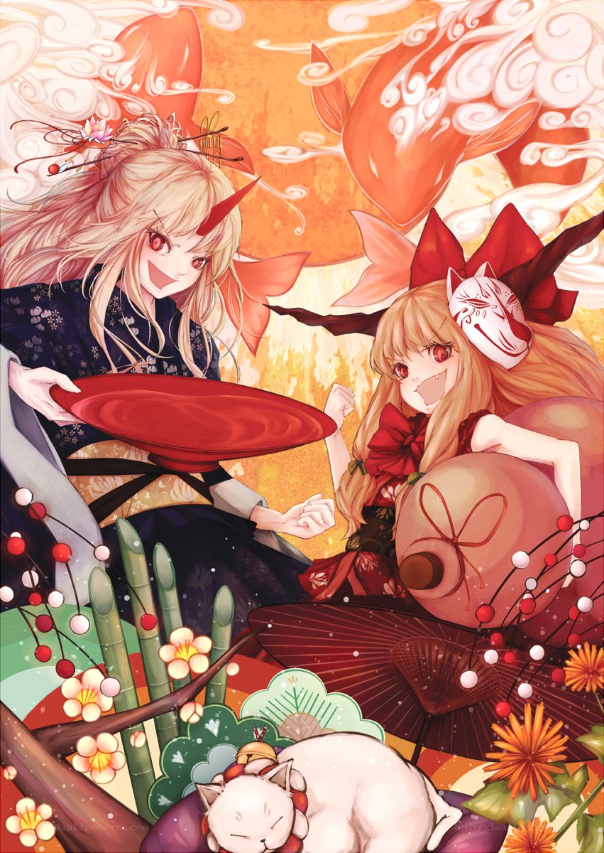 Two anime girls with fox masks