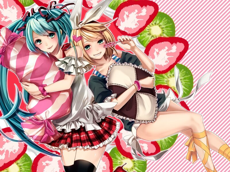 Two Anime Girls with Fruit — Pink, Playful