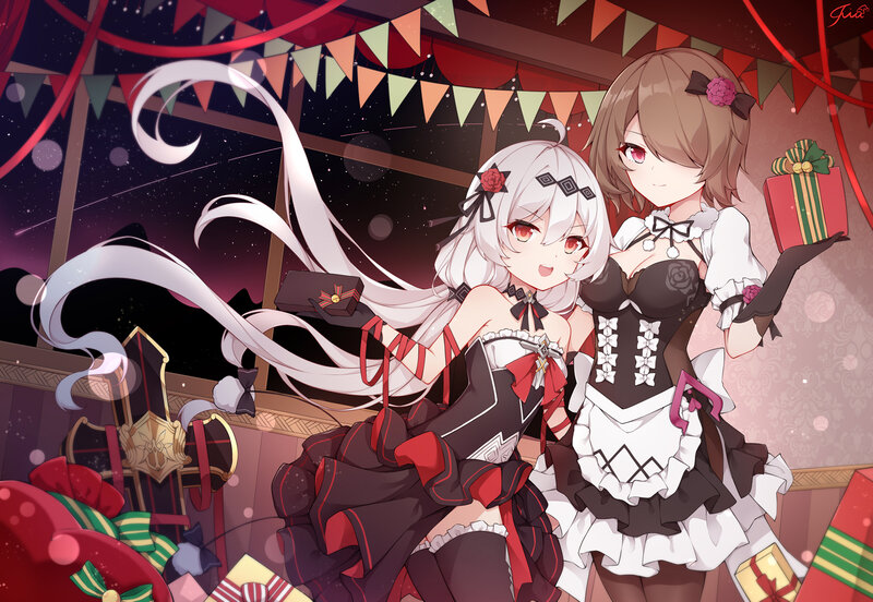 Two Anime Girls with Gifts — White, Festive