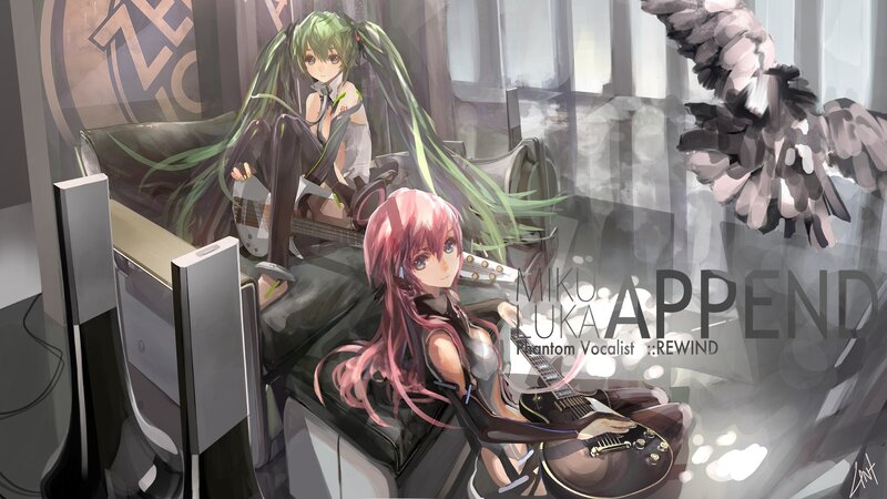 Two Anime Girls with Guitars — Green, Dramatic, Digital Art