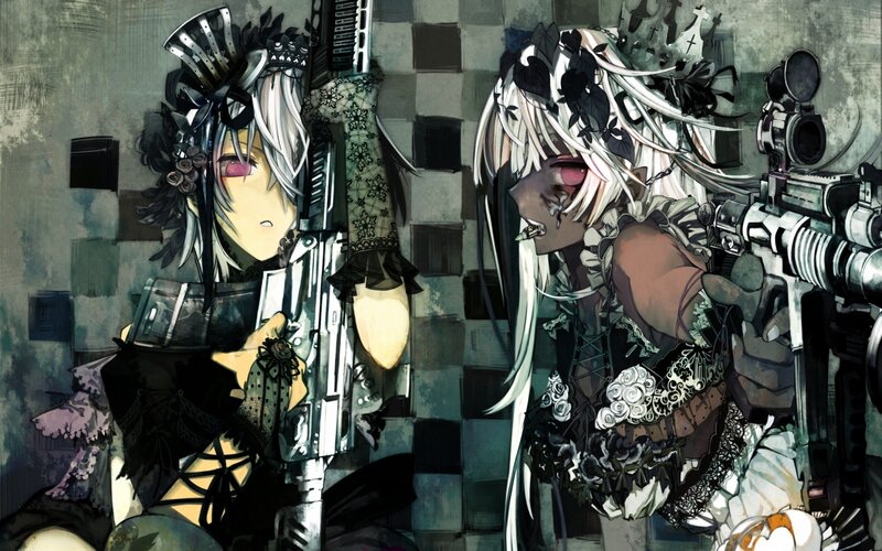Two Anime Girls with Guns — Black, Dramatic, Digital Art