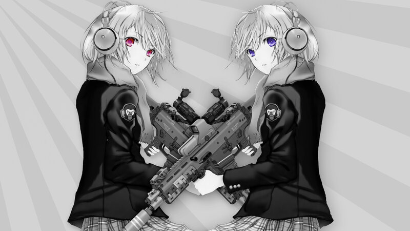 Two Anime Girls with Guns — Black, Dramatic, Headphones
