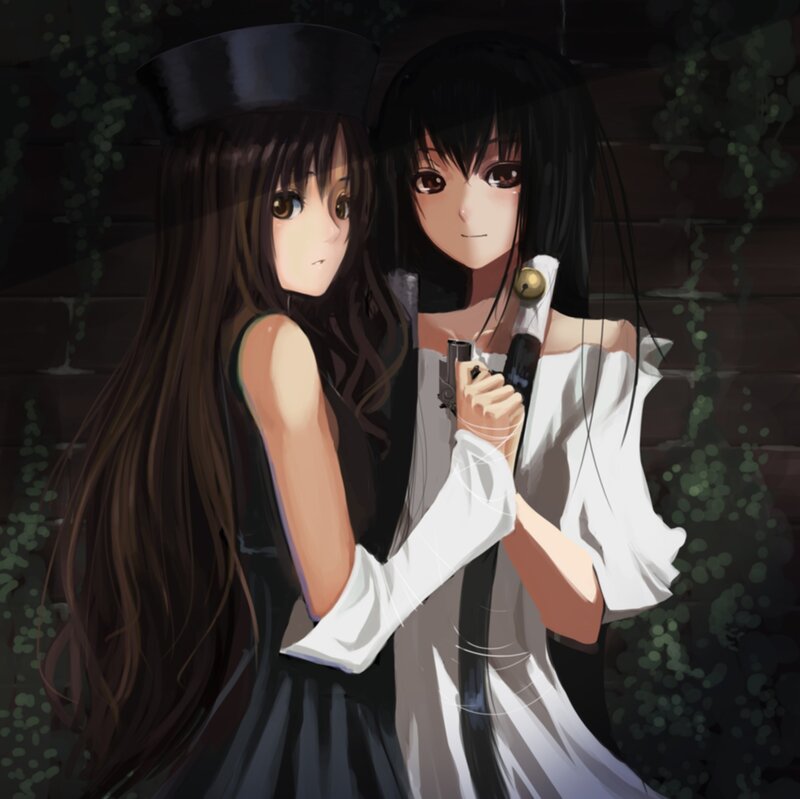 Two Anime Girls with Guns — Black, Dramatic, Night