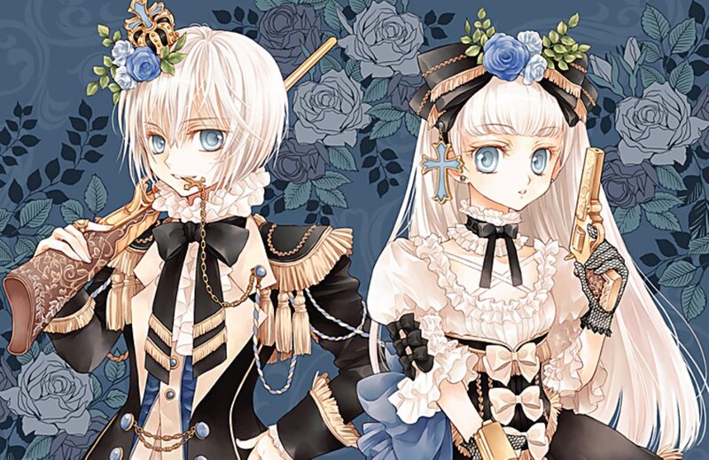 Two Anime Girls with Guns — Blue, Dramatic, Flowers