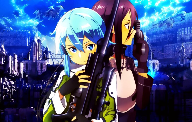 Two Anime Girls with Guns — Blue, Dramatic, Night, Cityscape