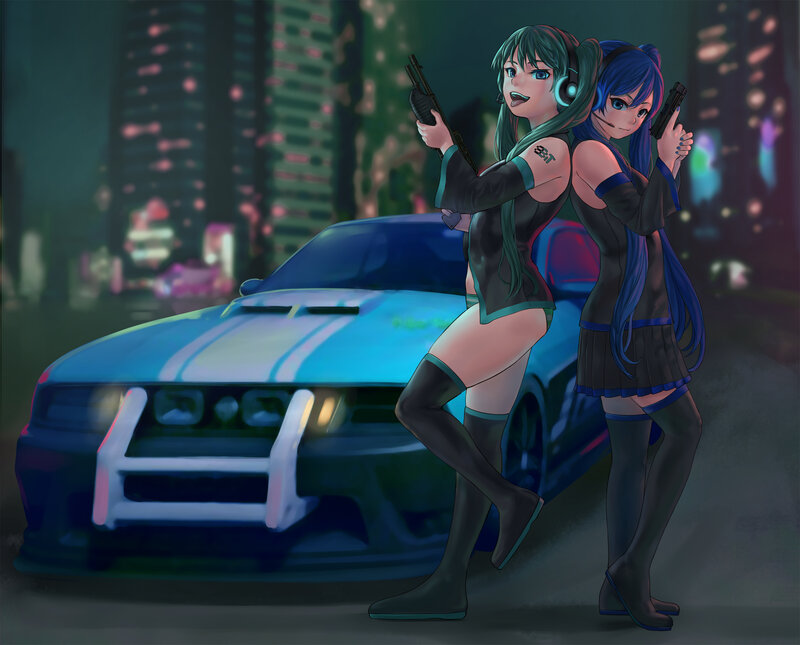 Two Anime Girls with Guns — Blue, Dramatic, Night