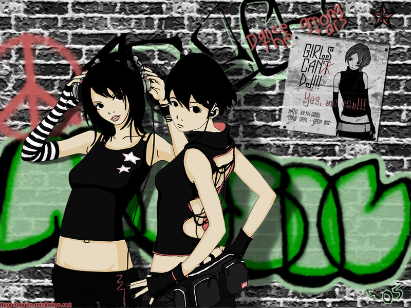 Two Anime Girls with Headphones — Black, Urban