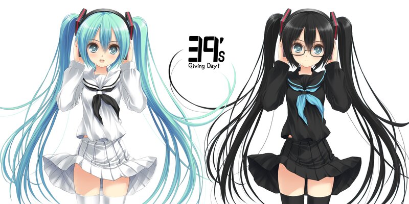 Two Anime Girls with Headphones — Blue, Playful, School Uniforms
