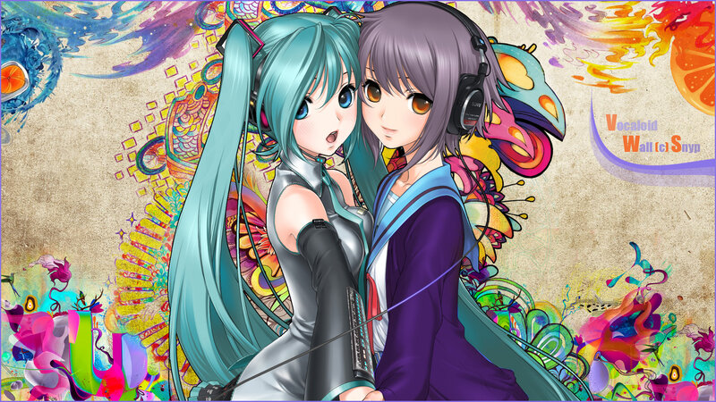 Two Anime Girls with Headphones — Blue, Vibrant, Digital Art