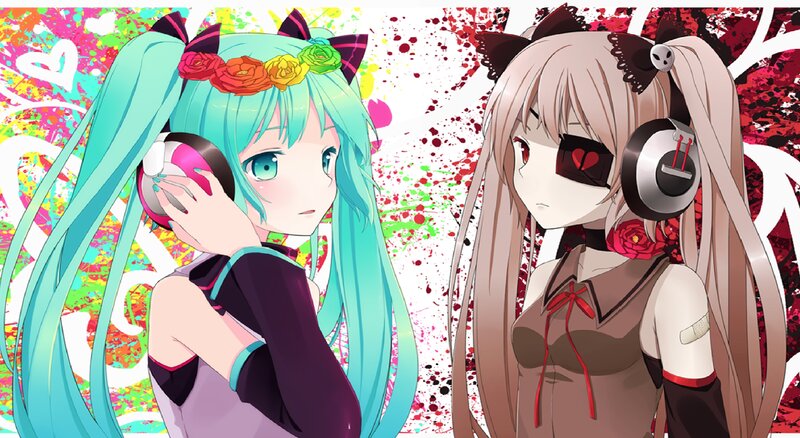 Two Anime Girls with Headphones — Cyan, Dramatic