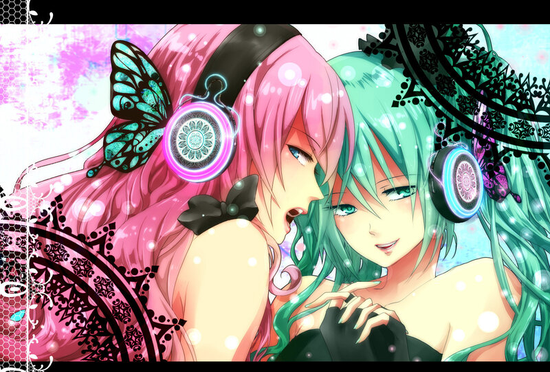 Two Anime Girls with Headphones — Pink, Dreamy