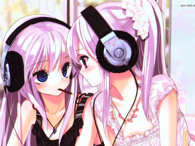 Two Anime Girls with Headphones — Purple, Calm