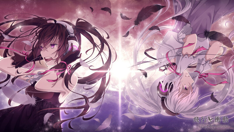 Two Anime Girls with Headphones — Purple, Dramatic