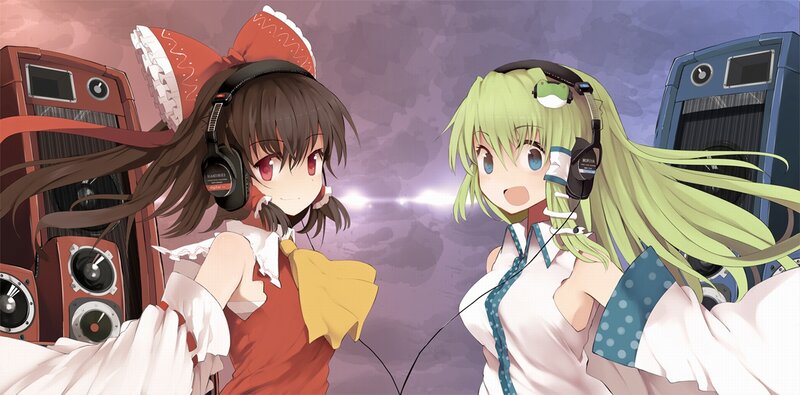Two Anime Girls with Headphones — Purple, Energetic