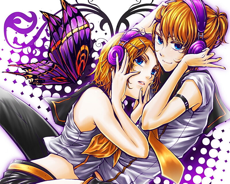 Two Anime Girls with Headphones — Purple, Playful