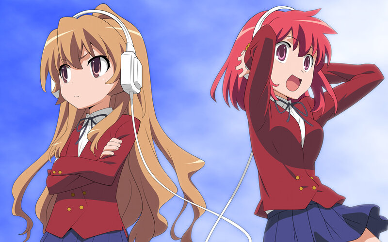 Two Anime Girls with Headphones — Red