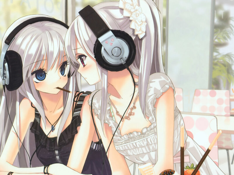 Two Anime Girls with Headphones — White