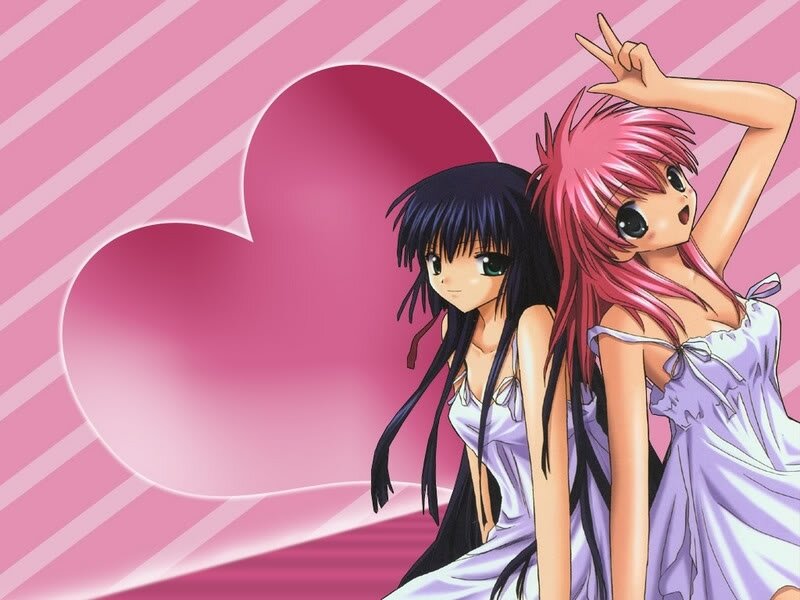 two anime girls with heart background