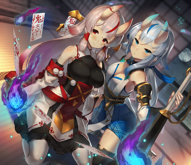 Two Anime Girls with Horns — White, Dramatic