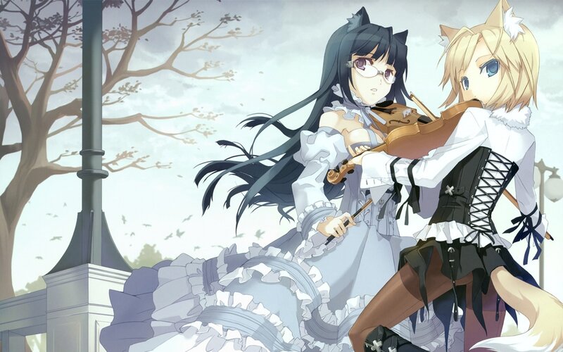 Two Anime Girls with Instruments — White, Calm, Autumn