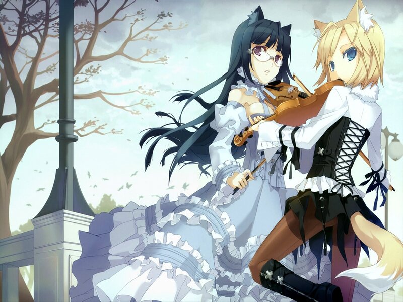 Two Anime Girls with Instruments — White, Calm