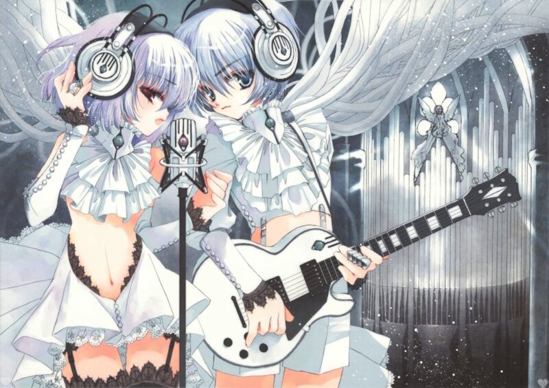 Two Anime Girls with Instruments — White, Dramatic