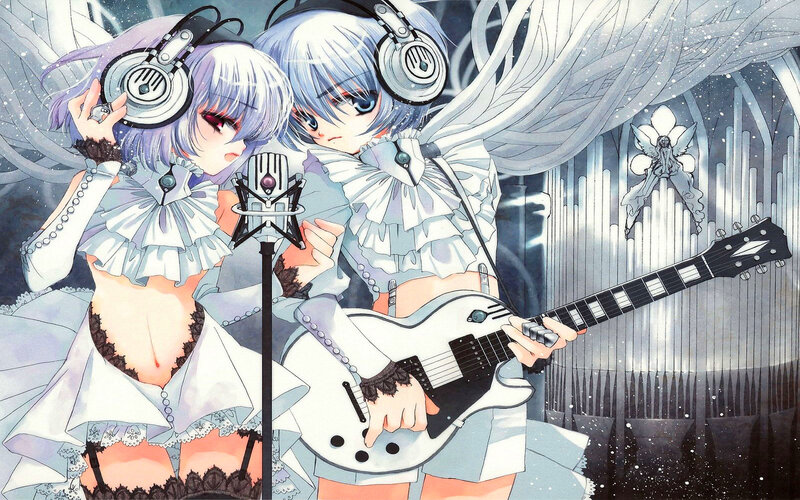 Two Anime Girls with Instruments — White